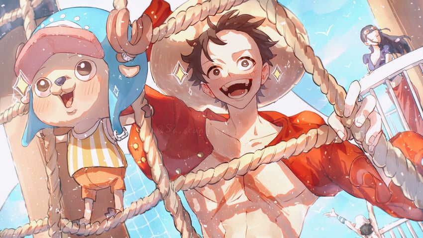 monkey d. luffy, nico robin, tony tony chopper, and usopp (one piece) drawn by sc_scandium
