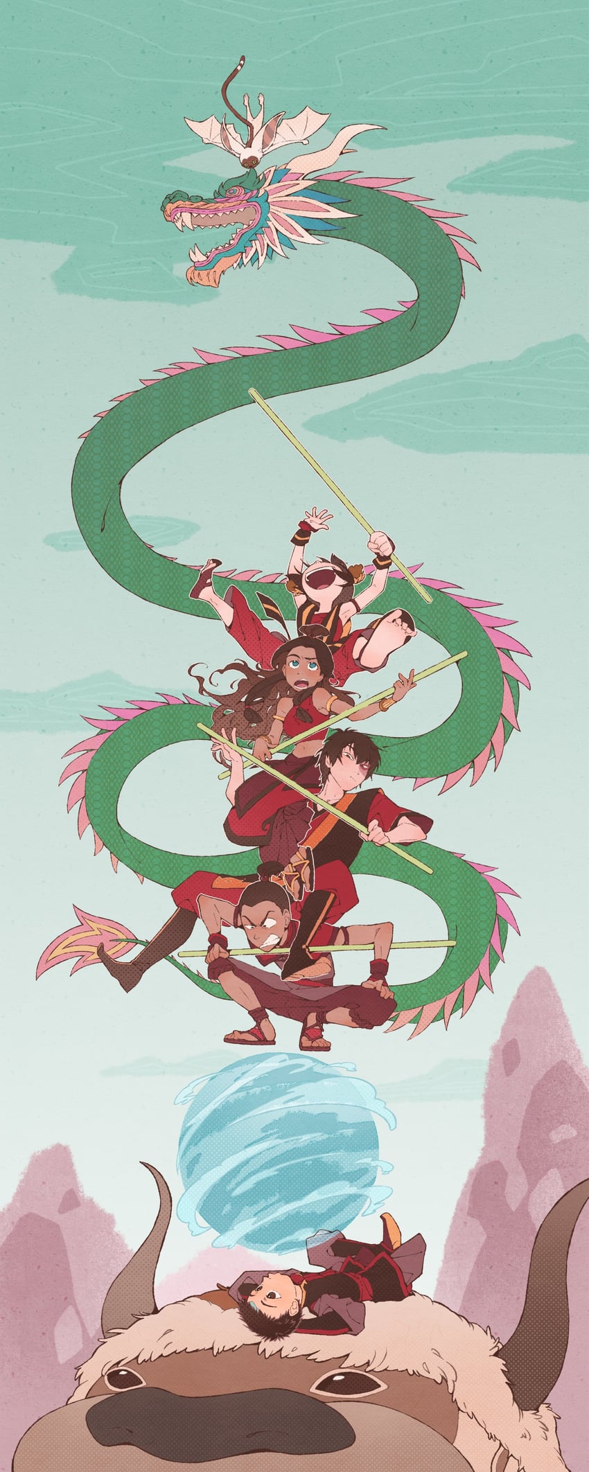toph beifong, katara, aang, zuko, sokka, and 2 more (avatar legends and 1 more) drawn by kinako_(moment)