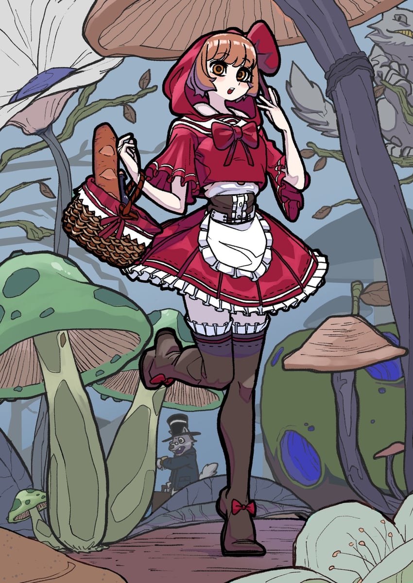 little red riding hood and cheshire cat (alice's adventures in wonderland and 1 more) drawn by bone_nigi