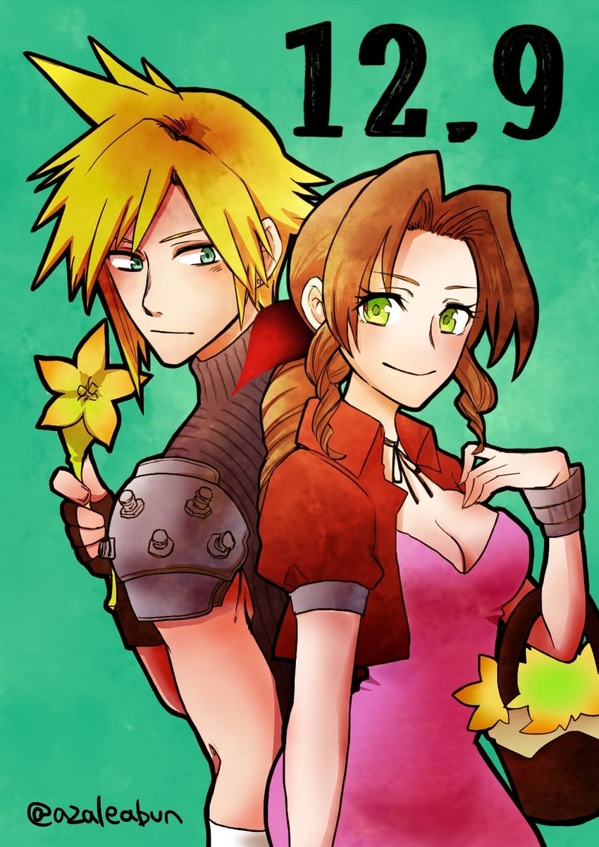 cloud strife and aerith gainsborough (final fantasy and 1 more) drawn by azaleabun
