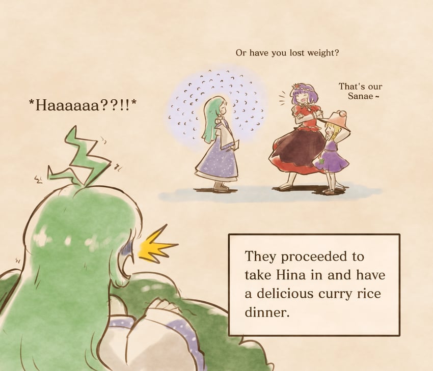 kochiya sanae, moriya suwako, yasaka kanako, and kagiyama hina (touhou) drawn by oysterfried