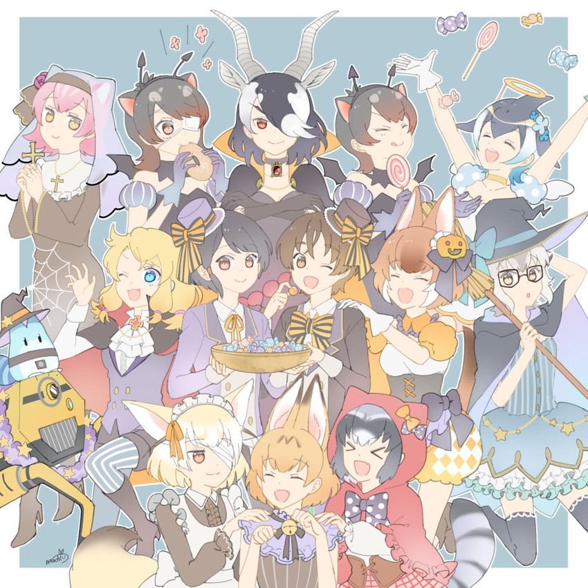 common raccoon, fennec, little red riding hood, lucky beast, captain, and 8 more (kemono friends and 1 more) drawn by uzuki_machi