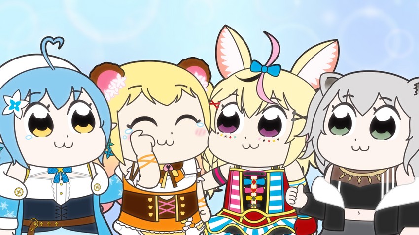 yukihana lamy, shishiro botan, omaru polka, and momosuzu nene (hololive and 1 more) drawn by kumaane