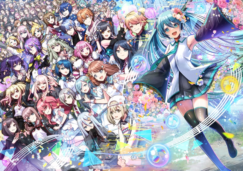hatsune miku, kagamine rin, kagamine len, megurine luka, kaito, and 46 more (vocaloid and 1 more) drawn by tiprip_kk