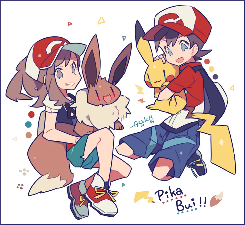 pikachu, eevee, elaine, and chase (pokemon and 1 more) drawn by auko
