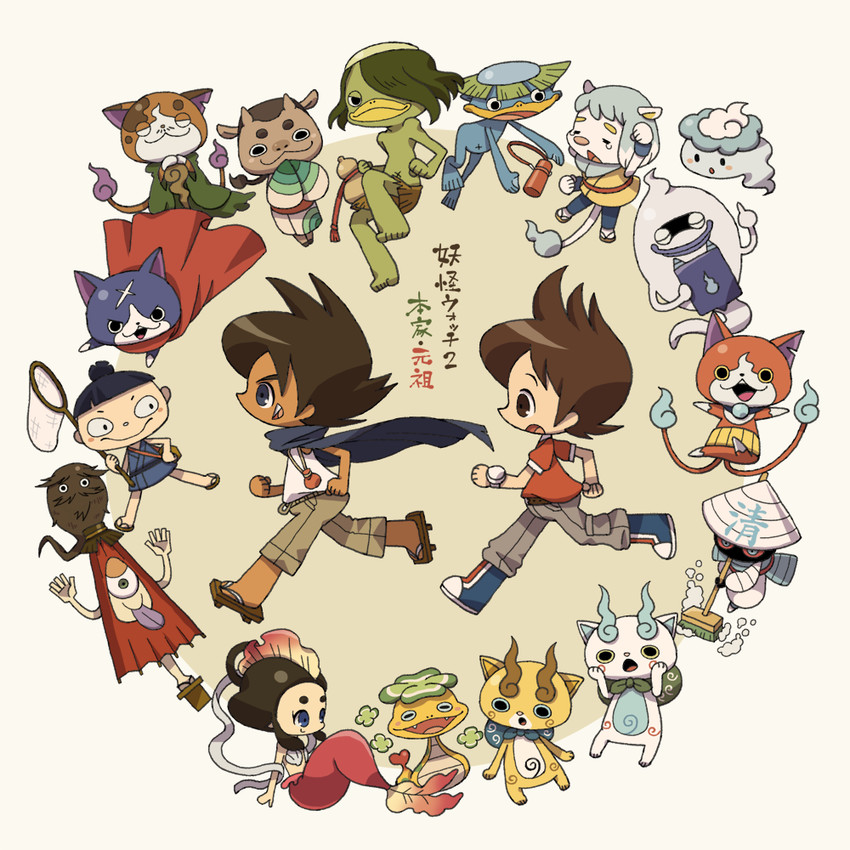 jibanyan, komasan, whisper, amano keita, komajirou, and 14 more (youkai watch and 1 more) drawn by geraken