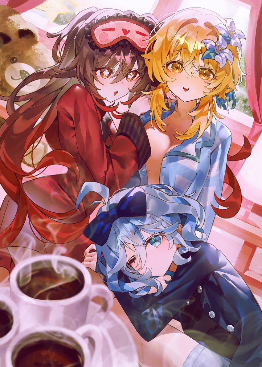 lumine, hu tao, and furina (genshin impact) drawn by indol