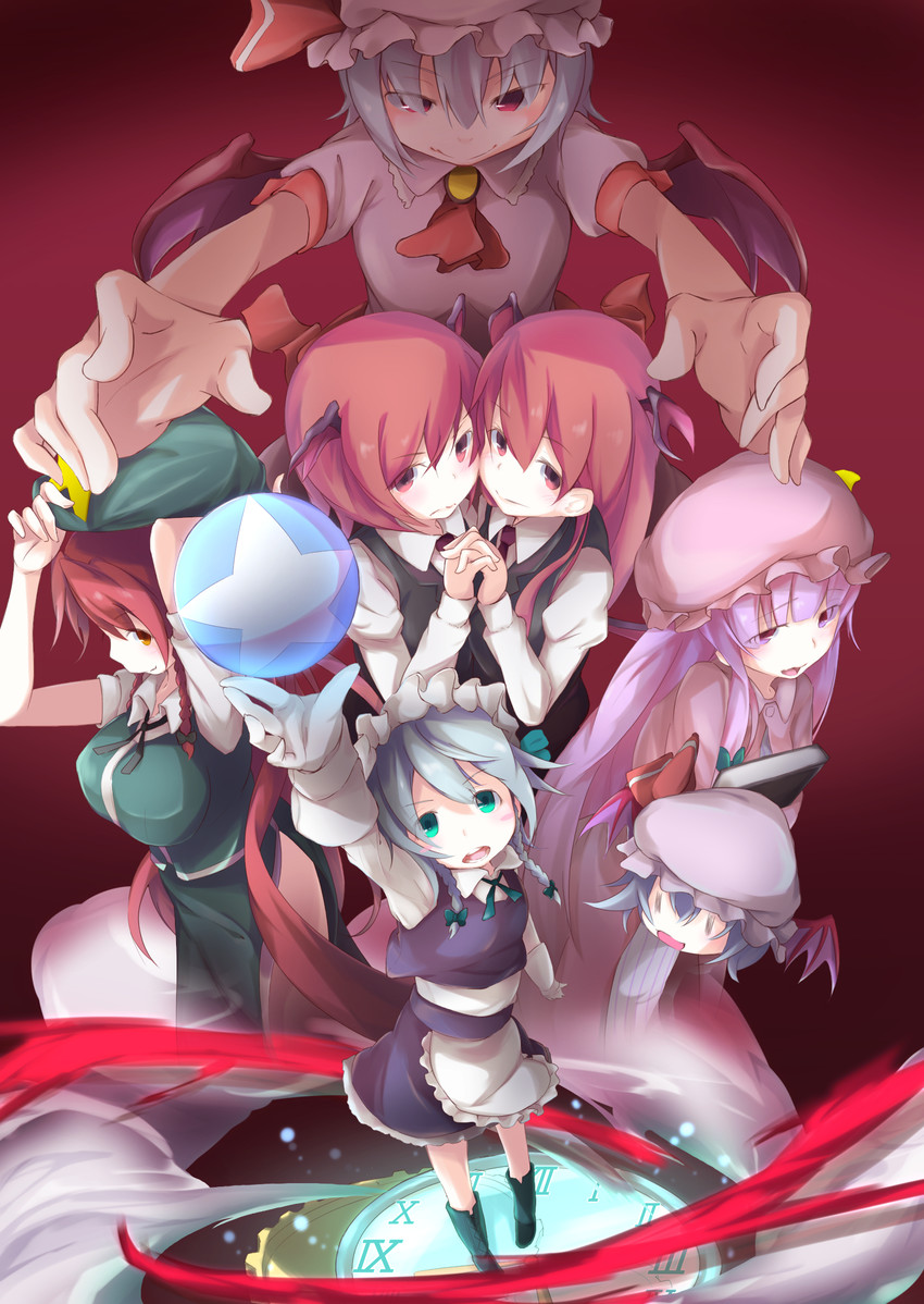 remilia scarlet, izayoi sakuya, patchouli knowledge, hong meiling, and koakuma (touhou) drawn by koshinaka-zz