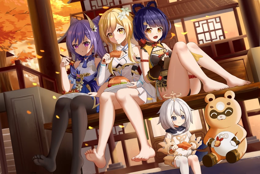 lumine, keqing, paimon, xiangling, and guoba (genshin impact) drawn by skym_(kumei)
