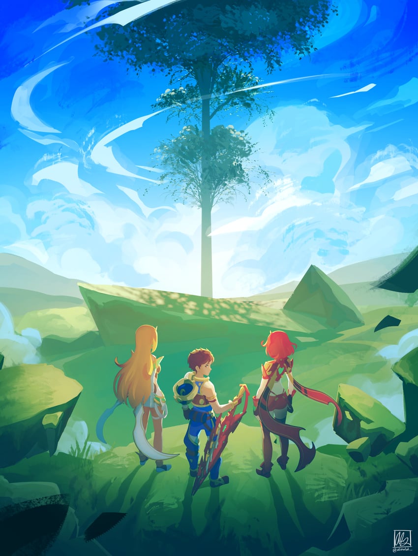 pyra, mythra, and rex (xenoblade chronicles and 1 more) drawn by alina_l