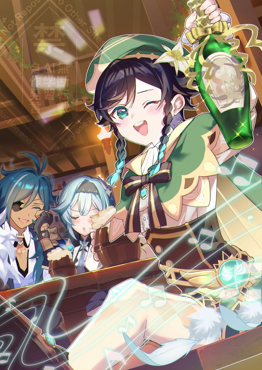 venti, eula, and kaeya (genshin impact) drawn by ina_(t_play1125)