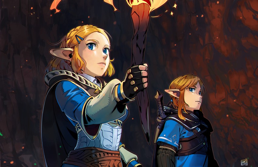 link and princess zelda (the legend of zelda and 1 more) drawn by overlord_jc