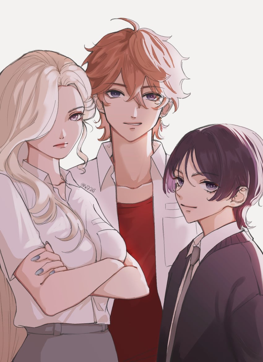 scaramouche, tartaglia, and signora (genshin impact) drawn by v00xi