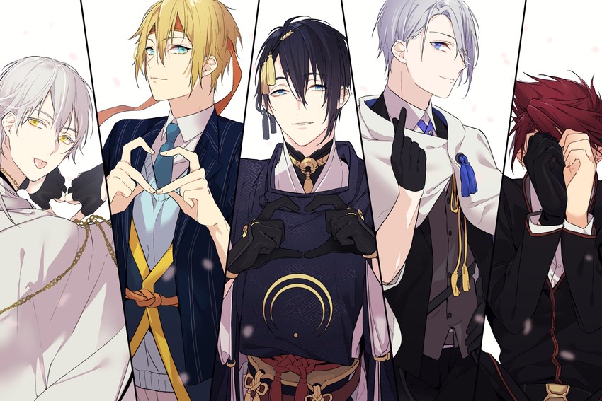 mikazuki munechika, tsurumaru kuninaga, yamanbagiri kunihiro, ookanehira, and yamanbagiri chougi (touken ranbu) drawn by coma_(macaron)