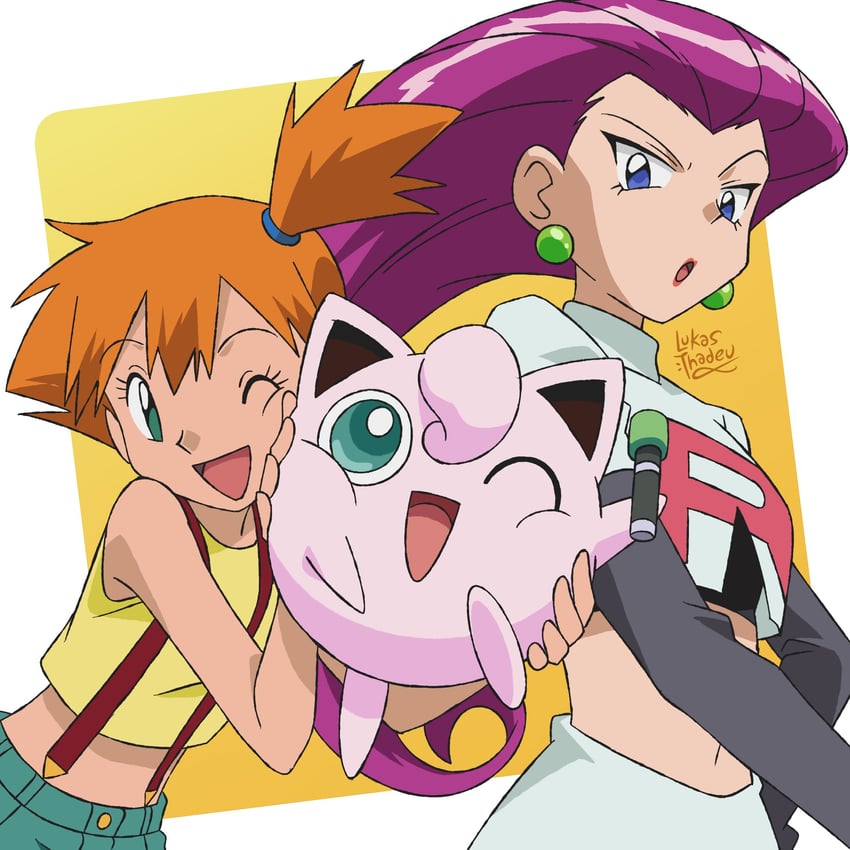 misty, jessie, jigglypuff, and rachael lillis (pokemon) drawn by lukas_thadeu