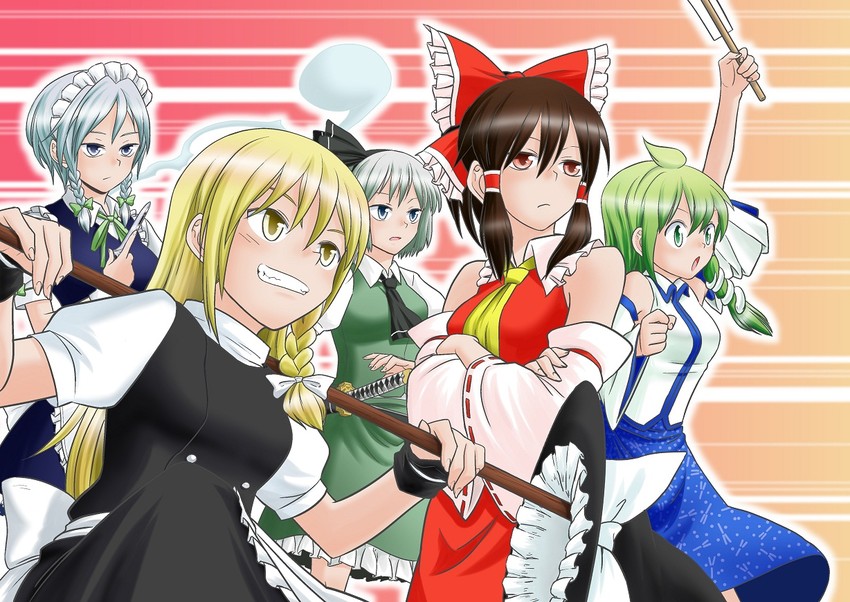 hakurei reimu, kirisame marisa, izayoi sakuya, kochiya sanae, and konpaku youmu (touhou) drawn by fuuzasa