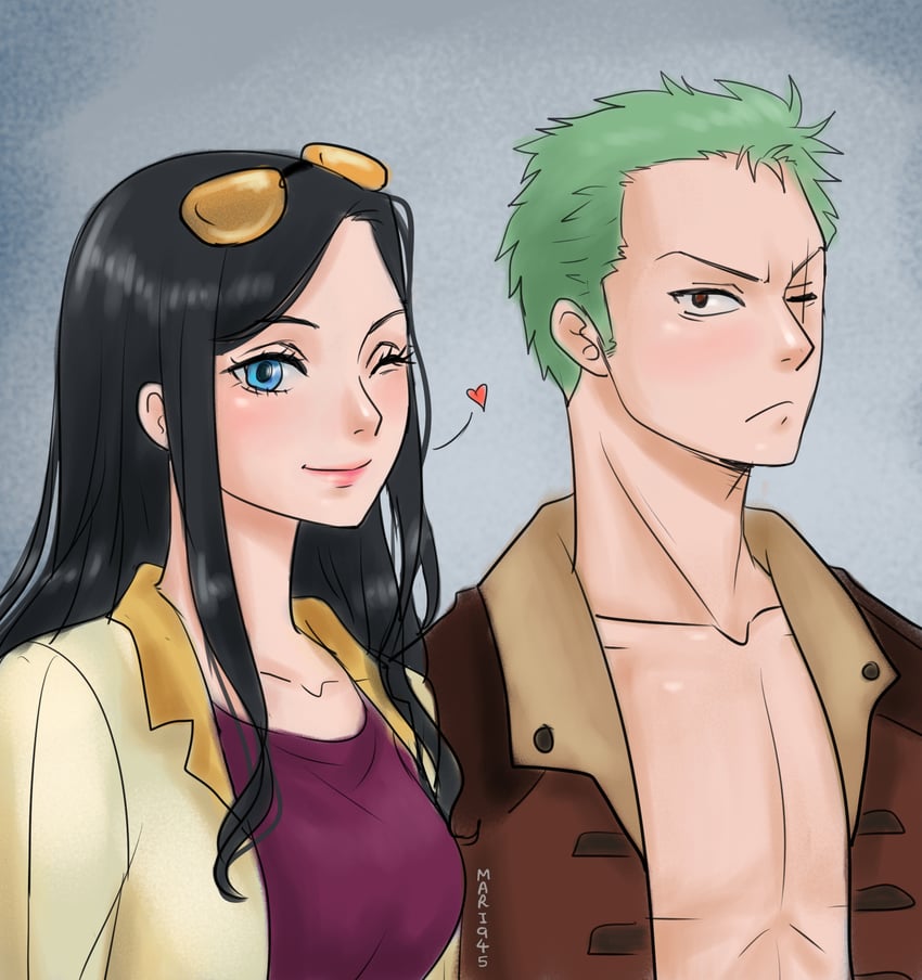 nico robin and roronoa zoro (one piece) drawn by mari945