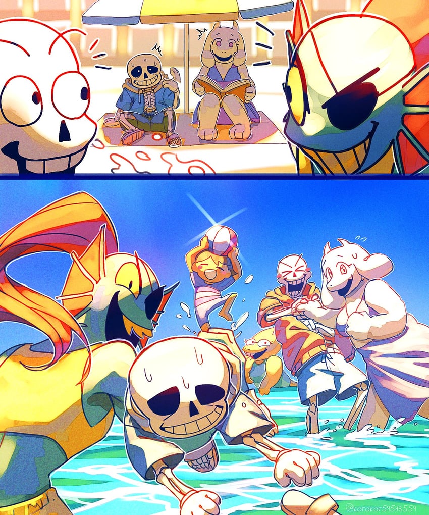 frisk, sans, papyrus, undyne, toriel, and 1 more (undertale) drawn by noah_(rokoroko)