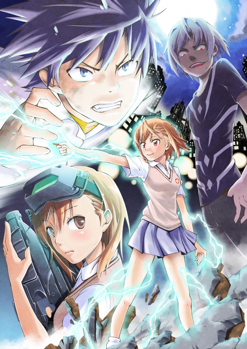 misaka mikoto, kamijou touma, accelerator, and misaka imouto (toaru majutsu no index and 1 more) drawn by matsukou
