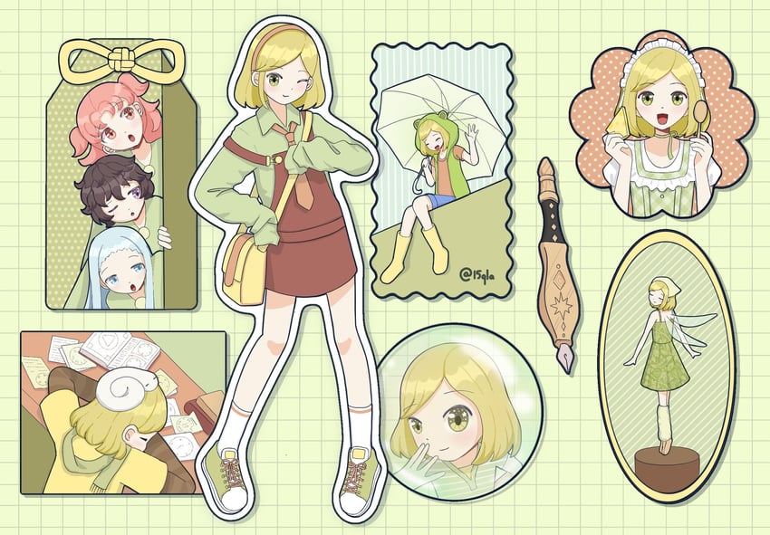 sigilyph, coco, brushbuddy, agott, richeh, and 1 more (tongari boushi no atelier) drawn by 15qla