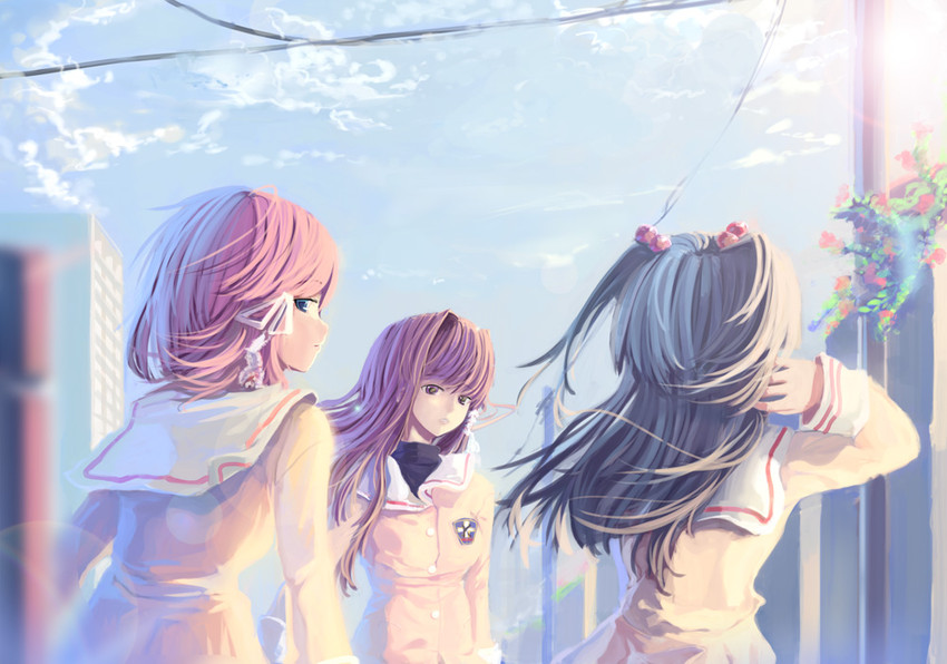 fujibayashi kyou, ichinose kotomi, and fujibayashi ryou (clannad) drawn by ameru.miro