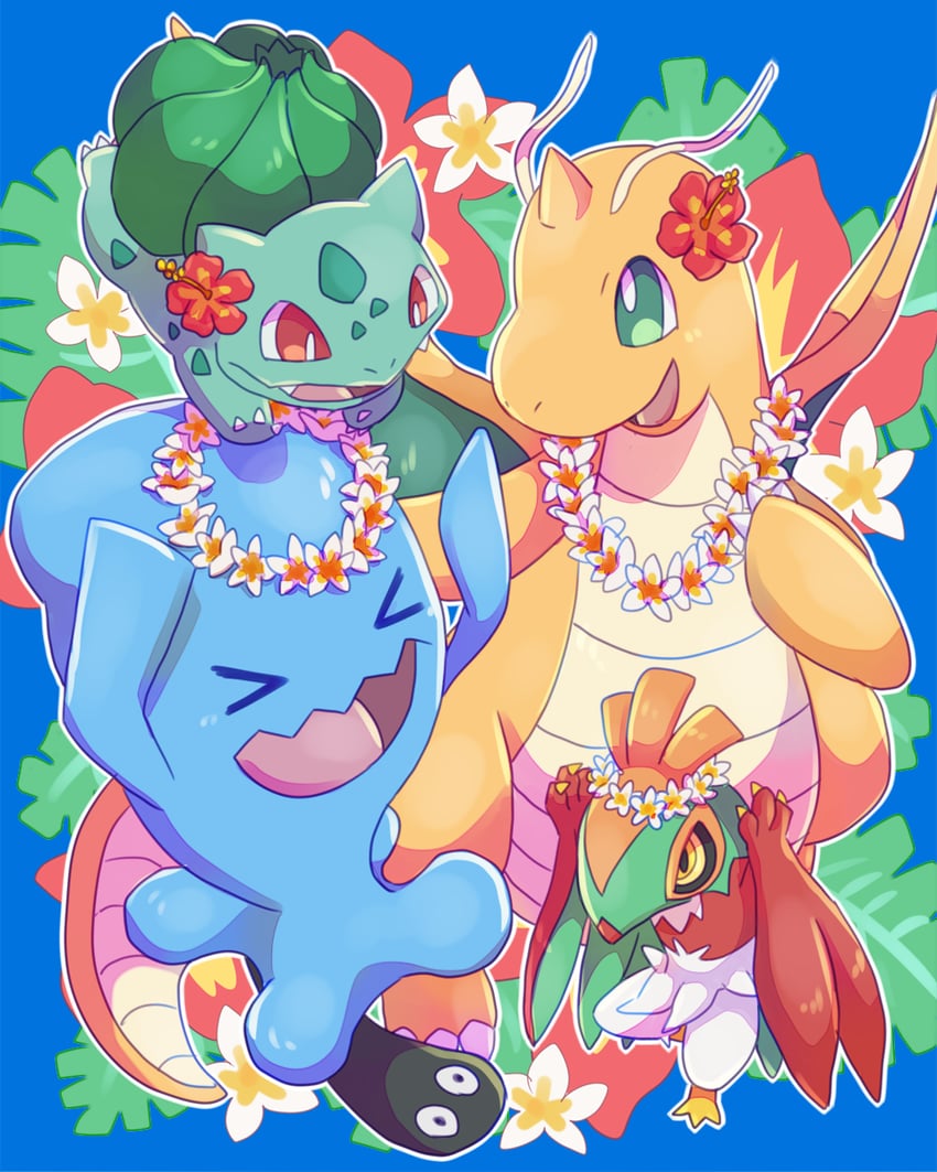 bulbasaur, dragonite, wobbuffet, and hawlucha (pokemon) drawn by kechon-san
