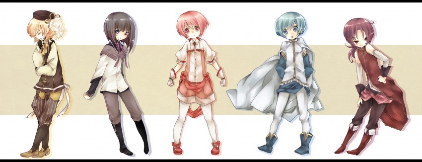 akemi homura, kaname madoka, miki sayaka, sakura kyoko, and tomoe mami (mahou shoujo madoka magica) drawn by eeko