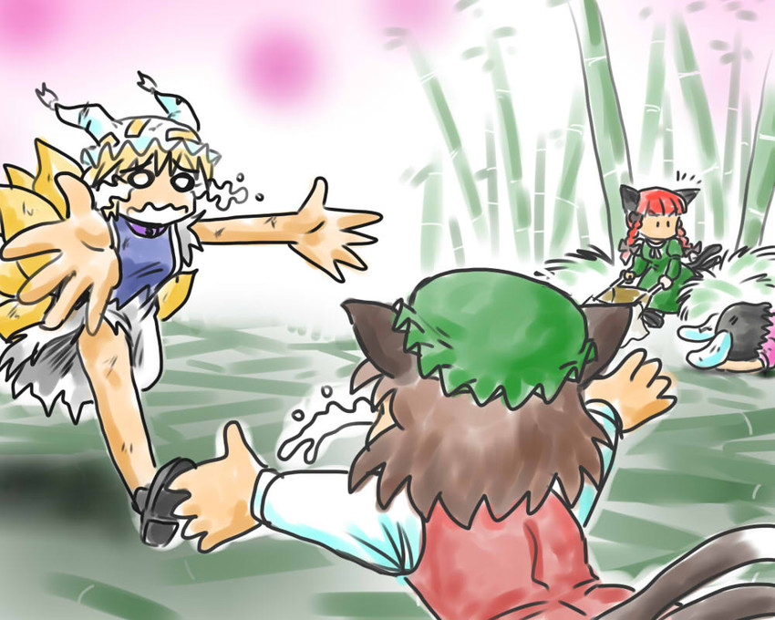 yakumo ran, kaenbyou rin, chen, and inaba tewi (touhou) drawn by bit_(kksbit)