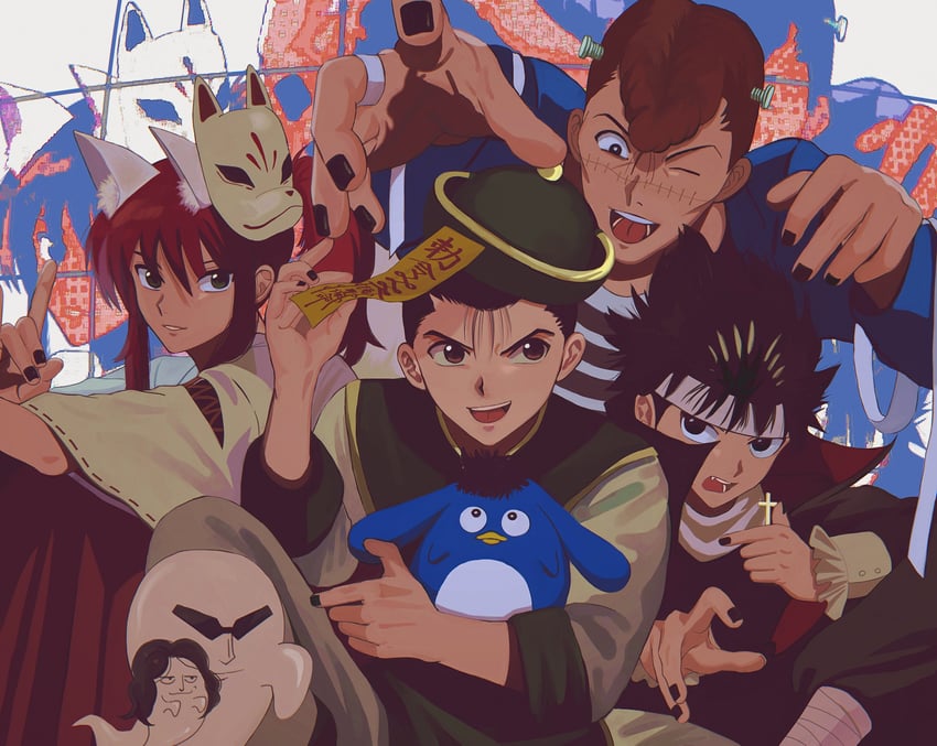 frankenstein's monster, kurama, hiei, urameshi yusuke, kuwabara kazuma, and 3 more (yu yu hakusho) drawn by miko_hxh