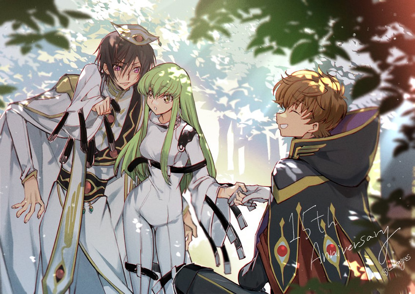 c.c., lelouch vi britannia, and kururugi suzaku (code geass) drawn by creayus