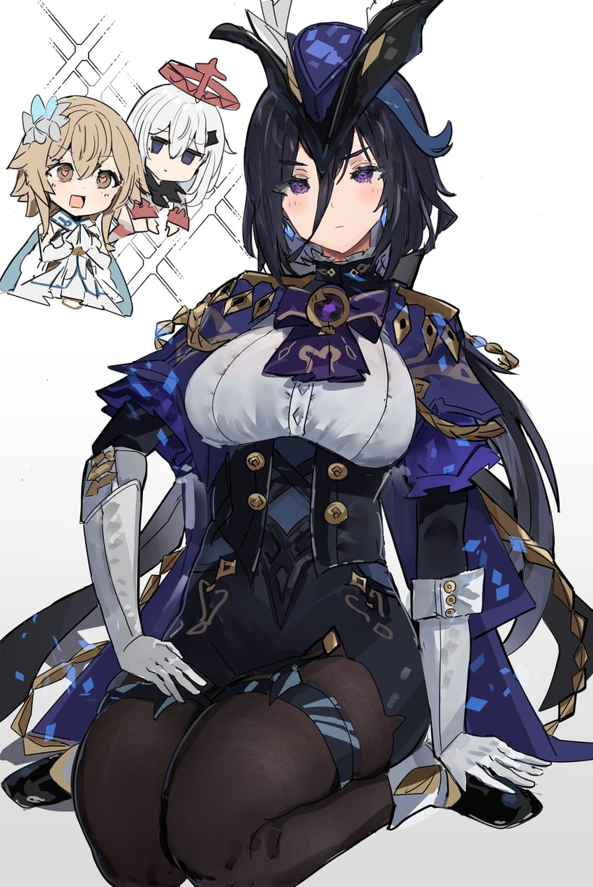 lumine, paimon, and clorinde (genshin impact) drawn by the_olphy