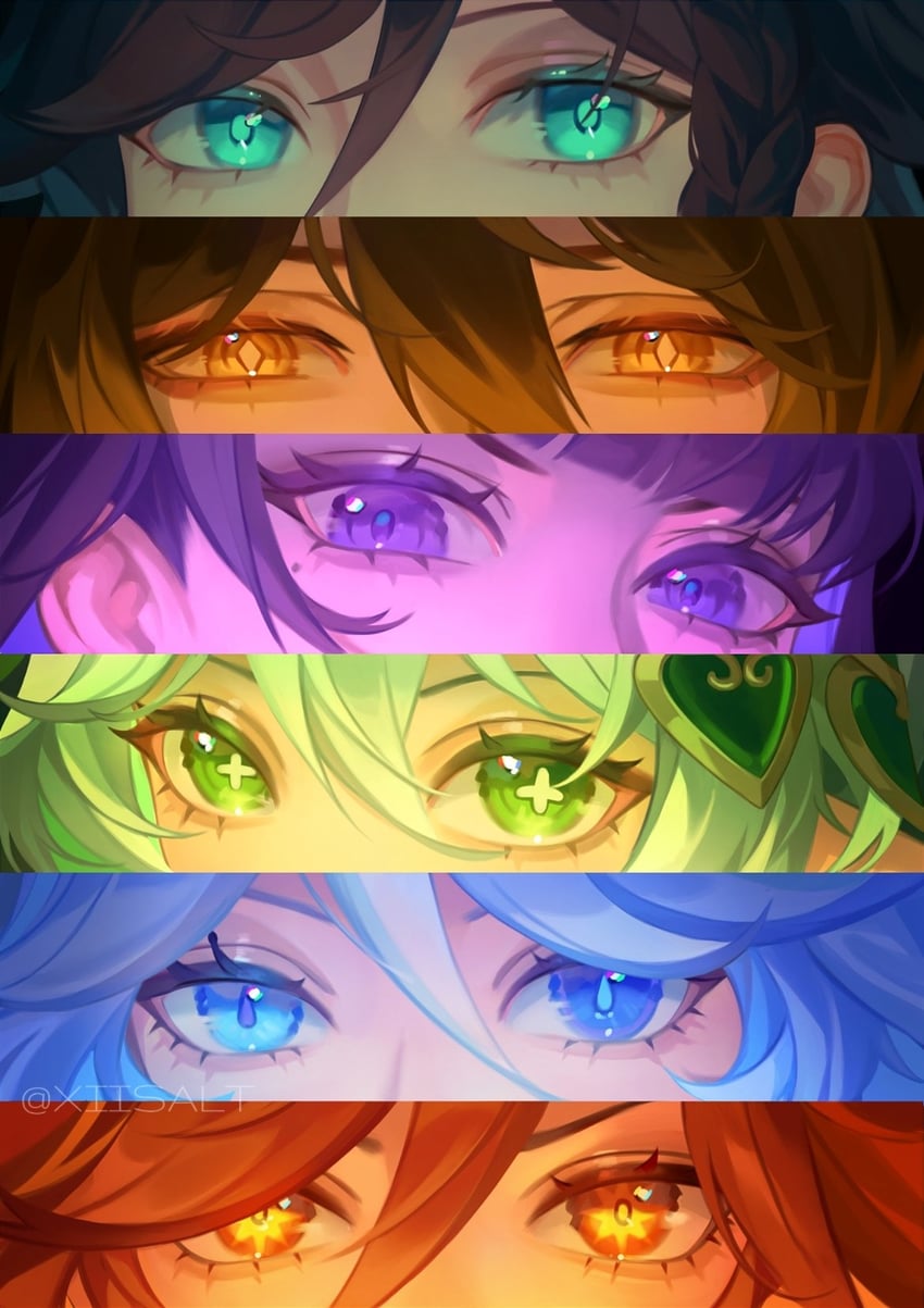 raiden shogun, furina, nahida, zhongli, venti, and 1 more (genshin impact) drawn by xiisalt