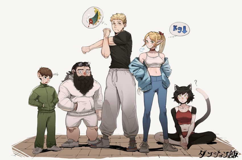 marcille donato, laios touden, senshi, chilchuck tims, and izutsumi (dungeon meshi) drawn by jeehyung_seo