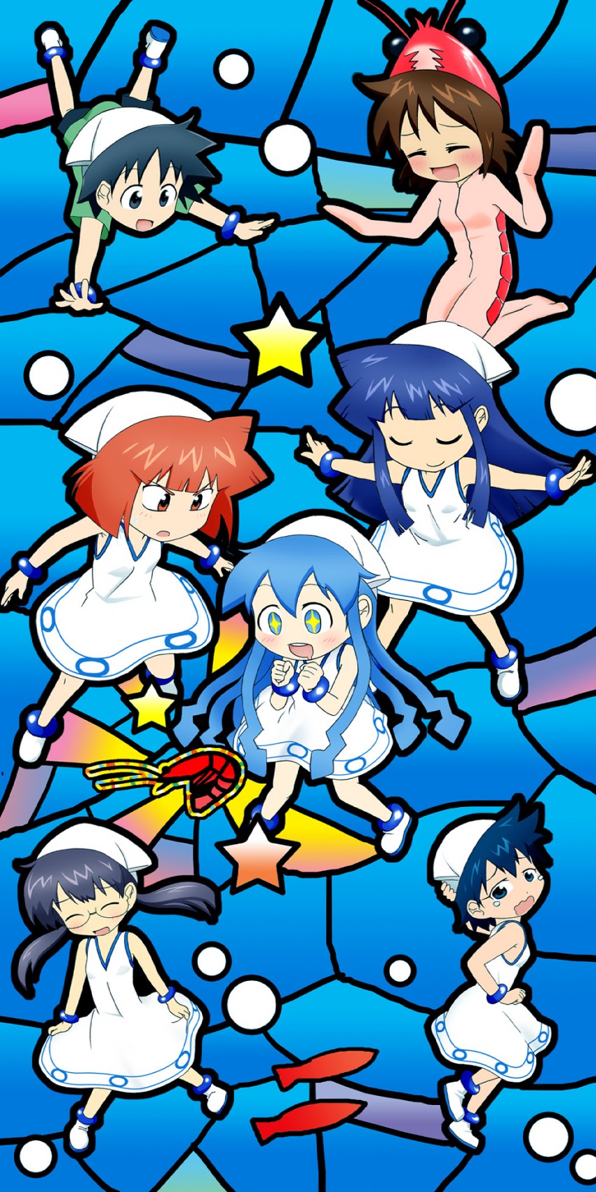 ikamusume, aizawa eiko, nagatsuki sanae, aizawa chizuru, aizawa takeru, and 2 more (shinryaku! ikamusume) drawn by sat-c