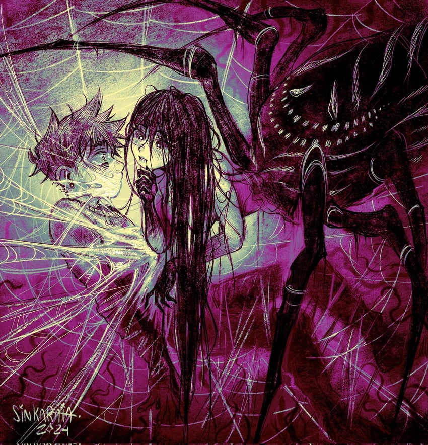 mari, hero, and something in the walls (omori) drawn by sintastein