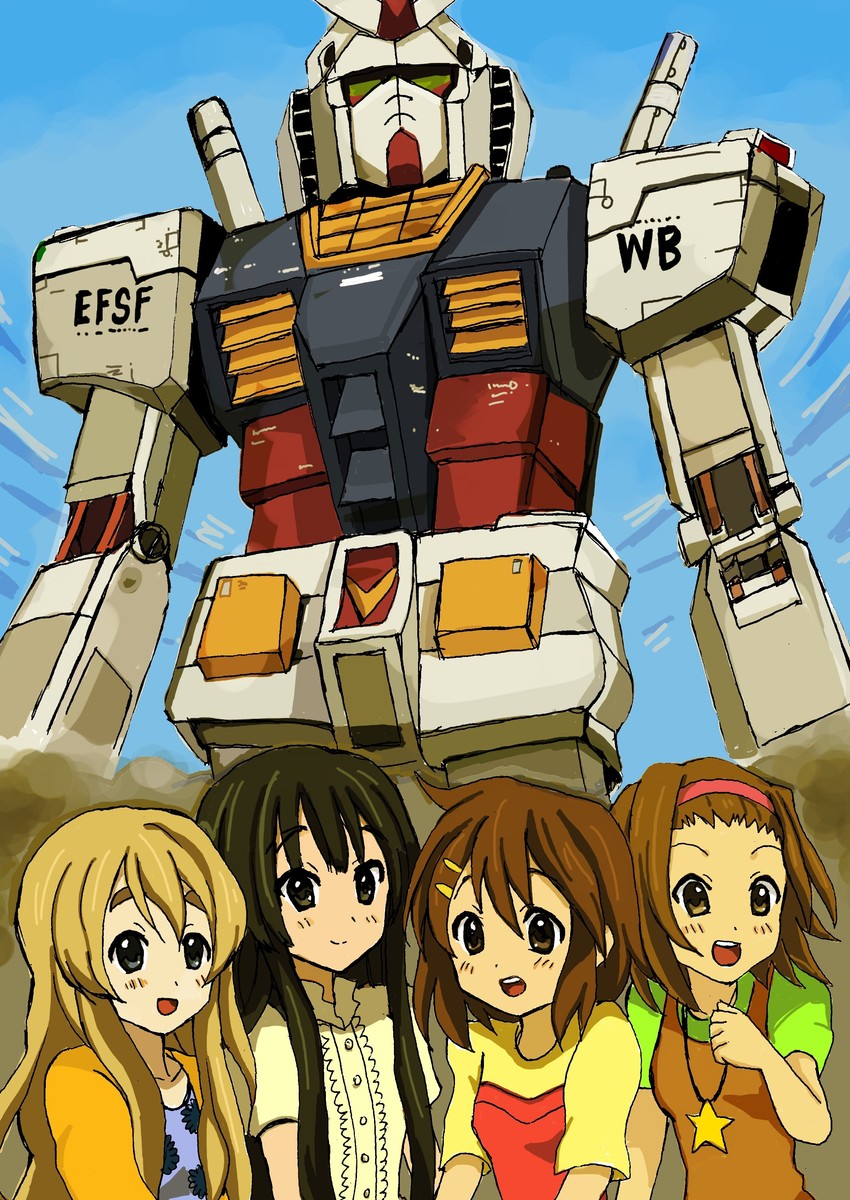 akiyama mio, hirasawa yui, tainaka ritsu, kotobuki tsumugi, and rx-78-2 gundam (gundam and 2 more) drawn by eijima_moko