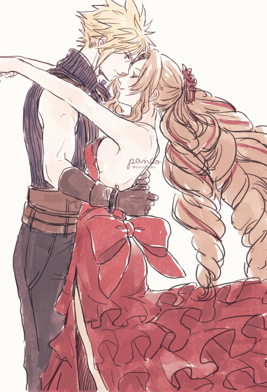 cloud strife and aerith gainsborough (final fantasy and 2 more) drawn by ancotsubu