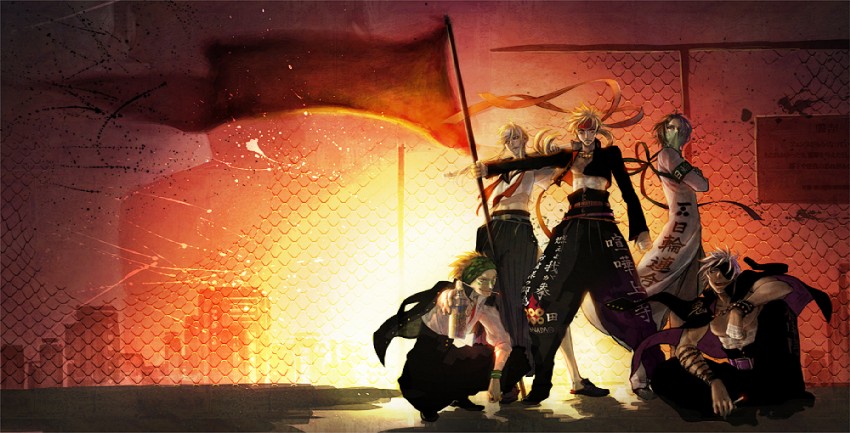 sanada yukimura, chousokabe motochika, mouri motonari, kasuga, and sarutobi sasuke (sengoku basara and 1 more) drawn by namakura_shiki