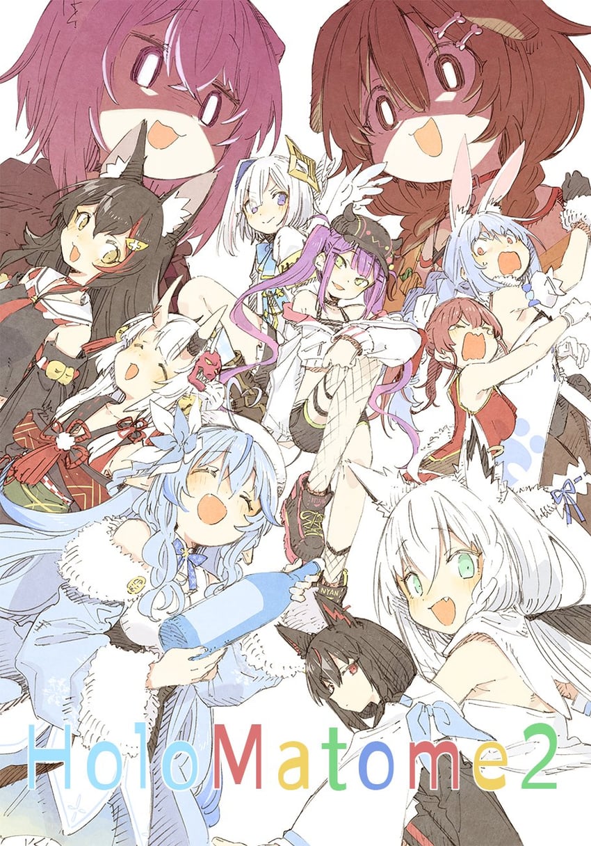 houshou marine, shirakami fubuki, usada pekora, nekomata okayu, tokoyami towa, and 7 more (hololive) drawn by abara_heiki