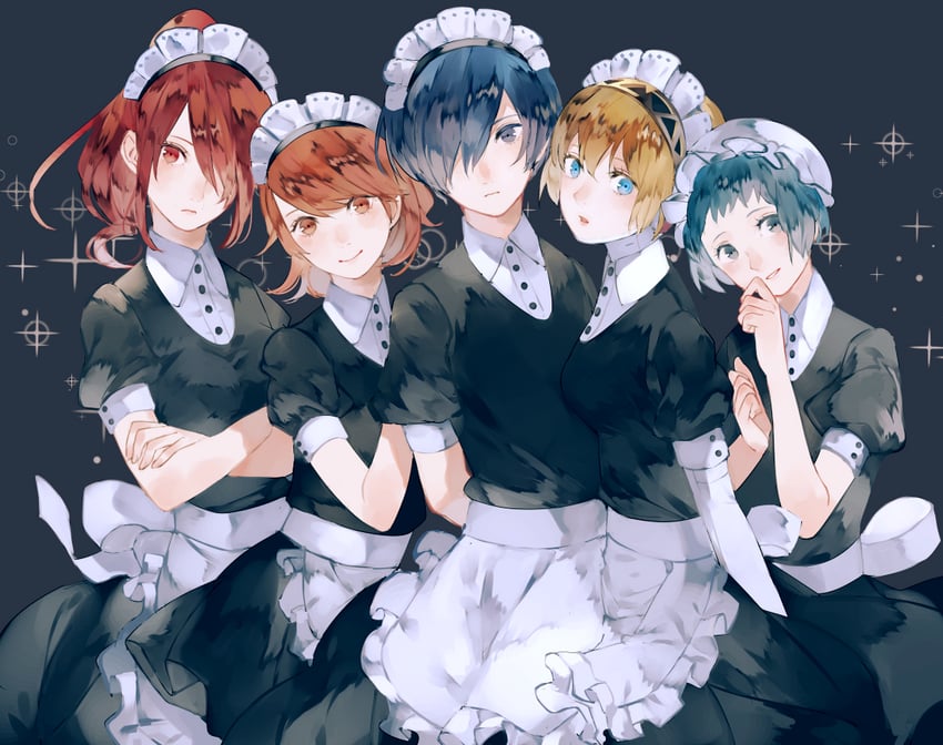 yuuki makoto, aigis, takeba yukari, kirijou mitsuru, and yamagishi fuuka (persona and 1 more) drawn by syokuuuuuuuuumura