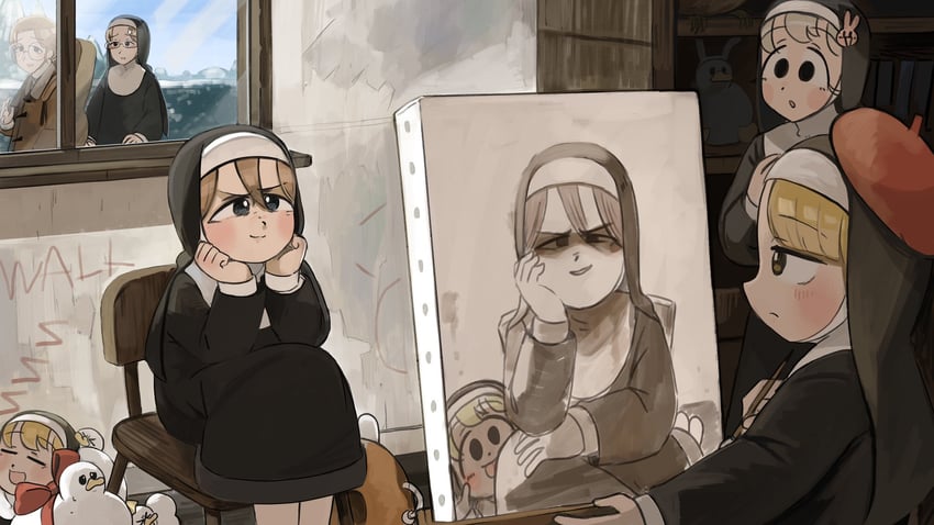 clumsy nun, spicy nun, glasses nun, bunny nun, glasses nun's aunt, and 1 more (little nuns) drawn by diva_(hyxpk)