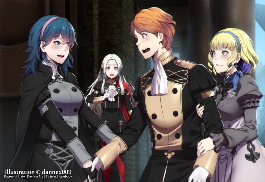 female byleth, edelgard von hresvelg, ferdinand von aegir, and constance von nuvelle (fire emblem and 1 more) drawn by dannex009