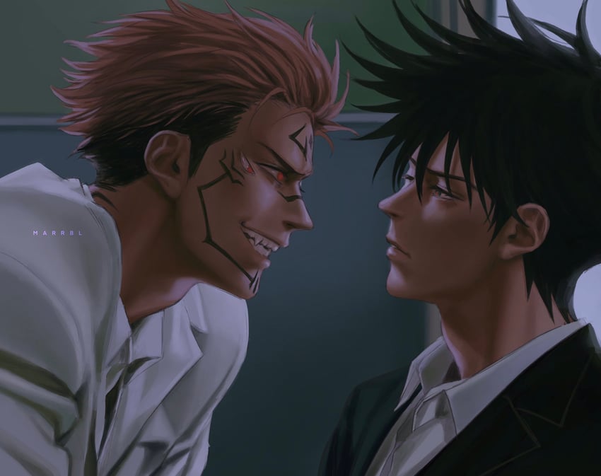 fushiguro megumi, ryoumen sukuna, john constantine, and lucifer (jujutsu kaisen and 2 more) drawn by marrbl