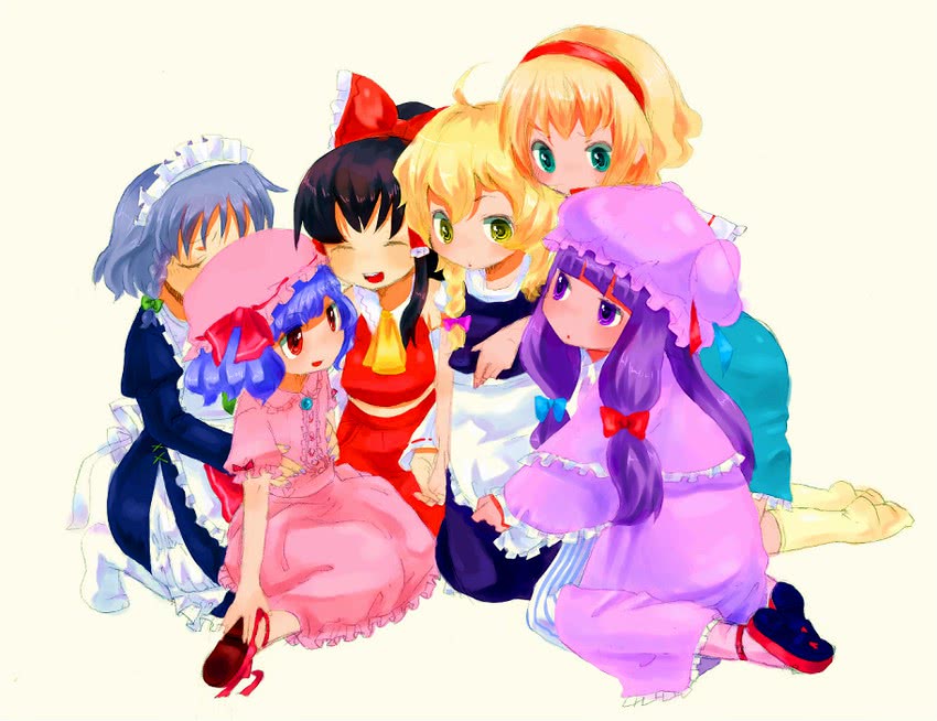 hakurei reimu, kirisame marisa, remilia scarlet, izayoi sakuya, alice margatroid, and 1 more (touhou) drawn by ichihaya