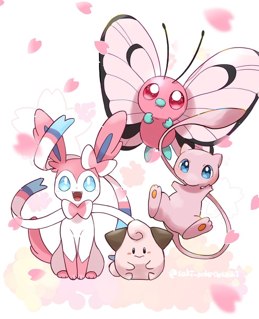 sylveon, mew, butterfree, and cleffa (pokemon) drawn by saki_pokeoekaki