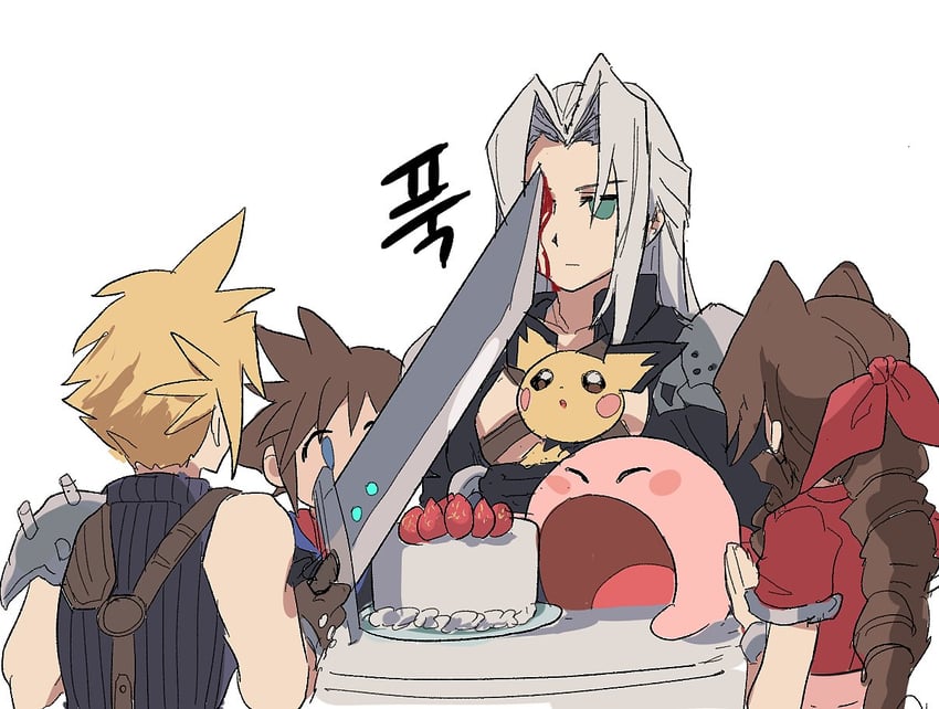cloud strife, aerith gainsborough, kirby, sephiroth, sora, and 1 more (pokemon and 5 more) drawn by nt_26