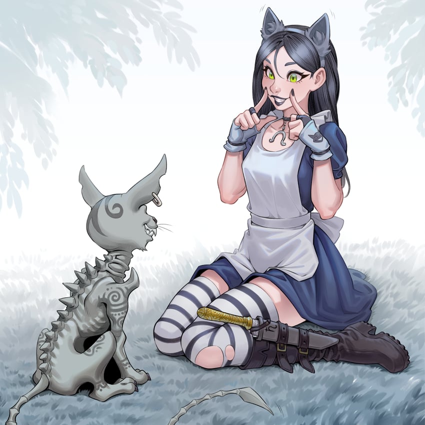 cheshire cat and alice liddell (american mcgee's alice) drawn by cheshirrr