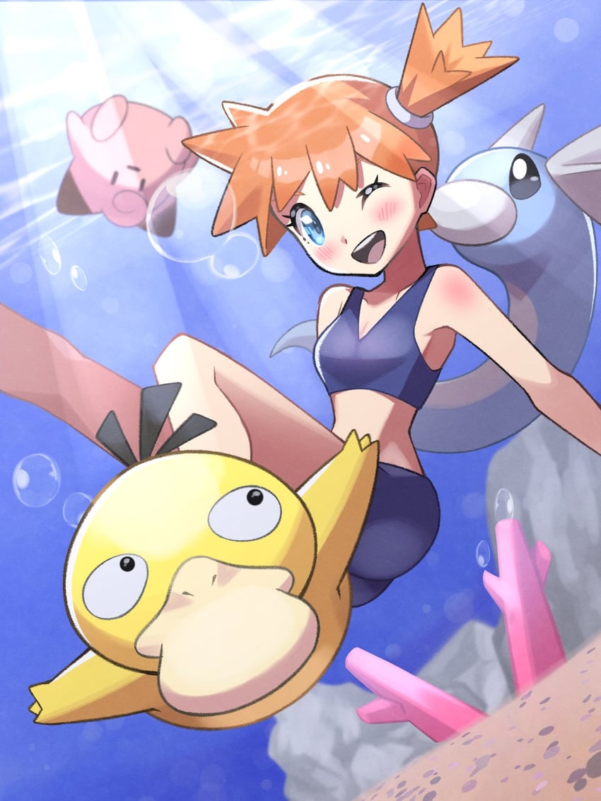 misty, psyduck, clefairy, and dratini (pokemon and 1 more) drawn by inana_umi