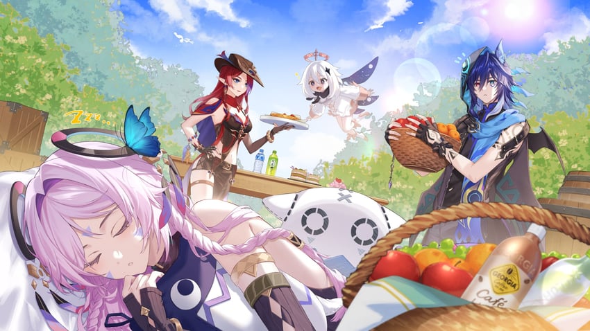 paimon, citlali, ororon, itzpapa, chasca, and 1 more (genshin impact) drawn by kawausoman