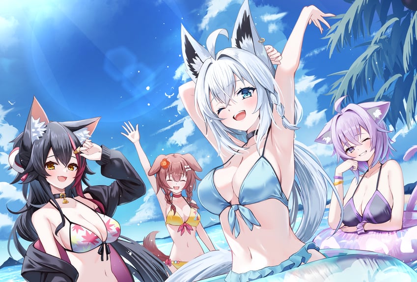 shirakami fubuki, nekomata okayu, ookami mio, and inugami korone (hololive) drawn by togemaru34
